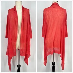 120% Lino Linen Open Cardigan One Size Coral Pink Waterfall Shark Bit Hem FLAWS